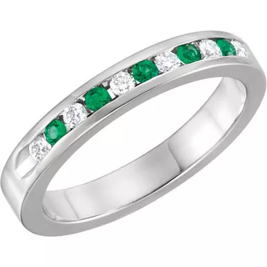 0.25ct Channel Set Diamond and Emerald Band In 14k White Gold.