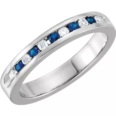 0.25ct Channel Set Diamond and Sapphire Band In 14k White Gold.
