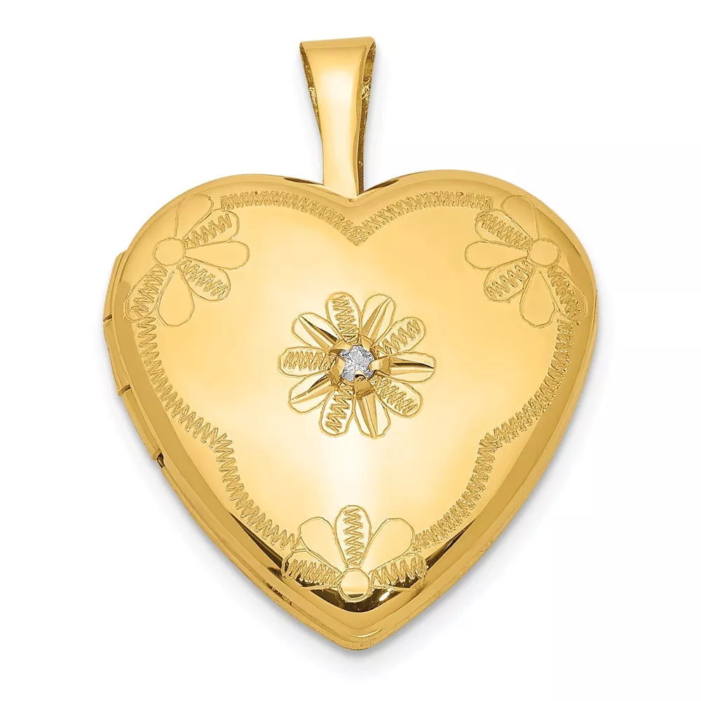 1/20 14K Gold Filled with Diamond Flower Design 15mm Heart Locket