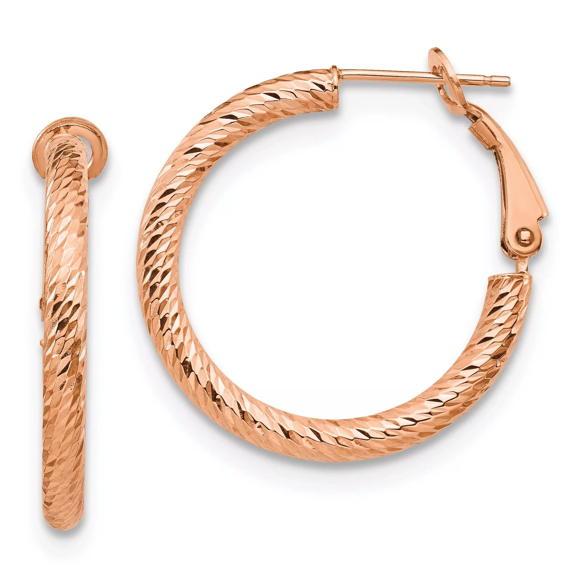 10K 3x20 with Rose Gold Plating D/C Round Omega Back Hoop Earrings