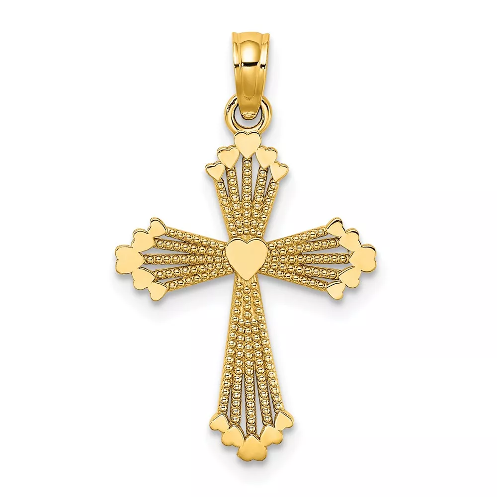 10K Cut-Out Stripes Cross w/ Heart Charm