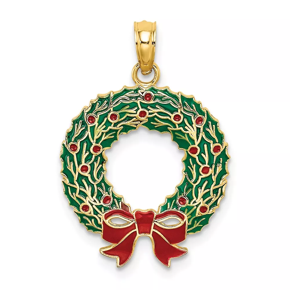 10K Enamel Christmas Wreath Charm