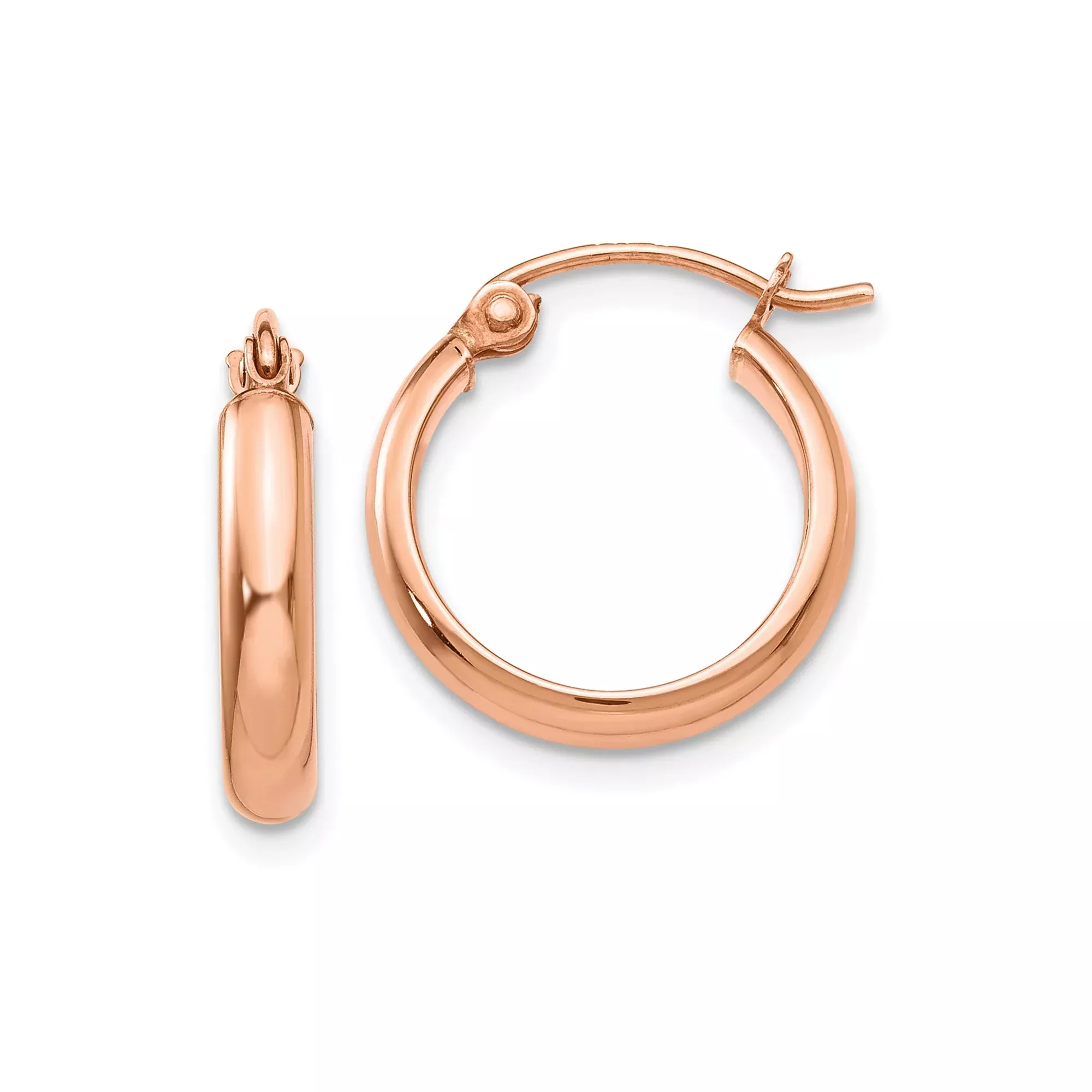 10k Rose Gold Hoop Earrings, Classic Round Polished Hoops with Hinged Closure for Women