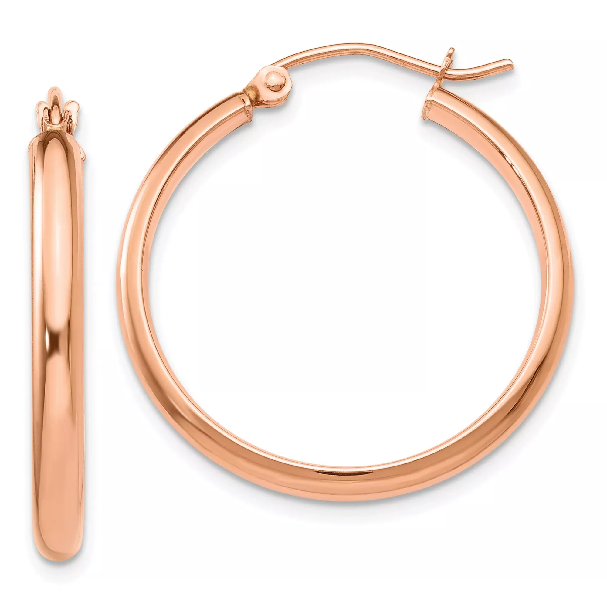 10k Rose Gold Hoop Earrings, Lightweight Polished Round Design with Hinged Snap Closure