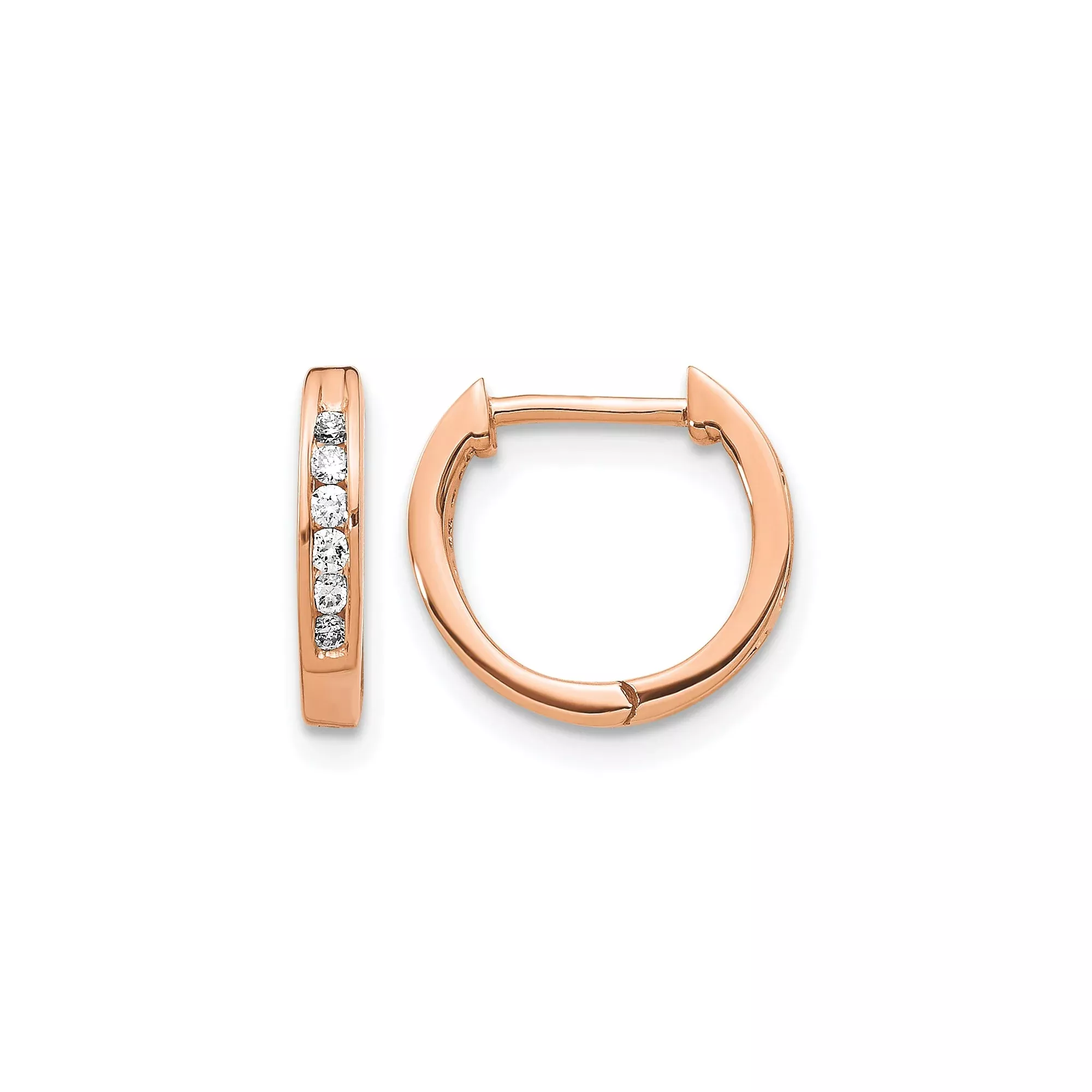 10k Rose Gold Hoop Earrings with Channel Set Round Stones, Diamond Cut Lightweight Hinged Design