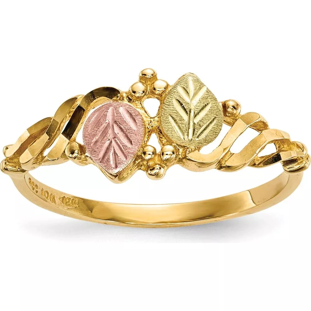 10K Tri-Color Gold Leaf Ring with Diamond-Cut Band by Oro Pregiato