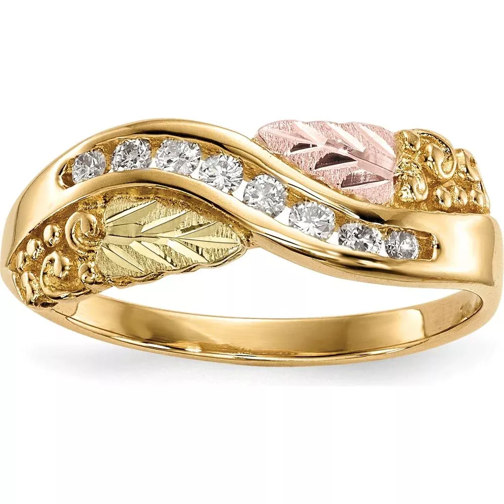 10K Tri-Color Gold Ring with 0.167 Carat Round Diamonds Channel Set in Yellow, Pink, and Green Gold by Oro Pregiato