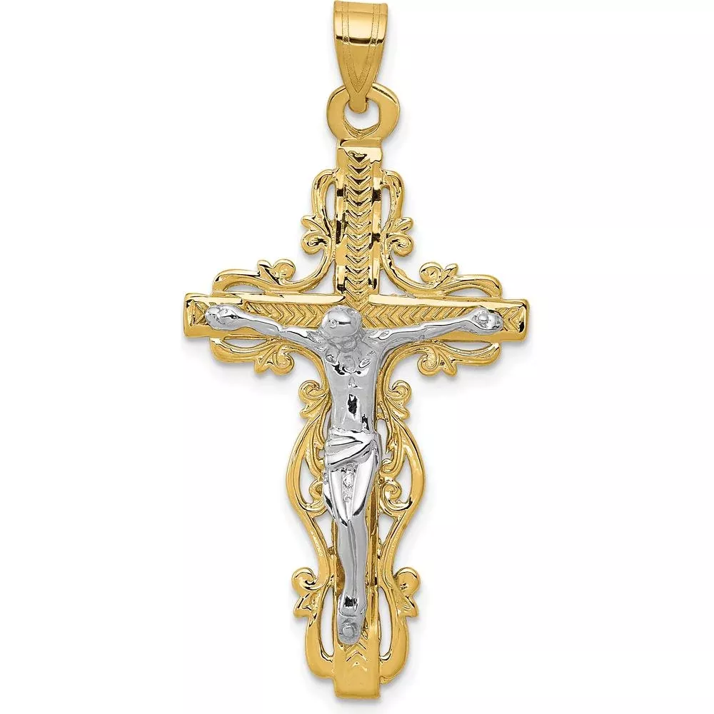 10K Two-Tone Diamond-Cut Crucifix Pendant with Solid Gold Finish - 46mm Length by Oro Pregiato