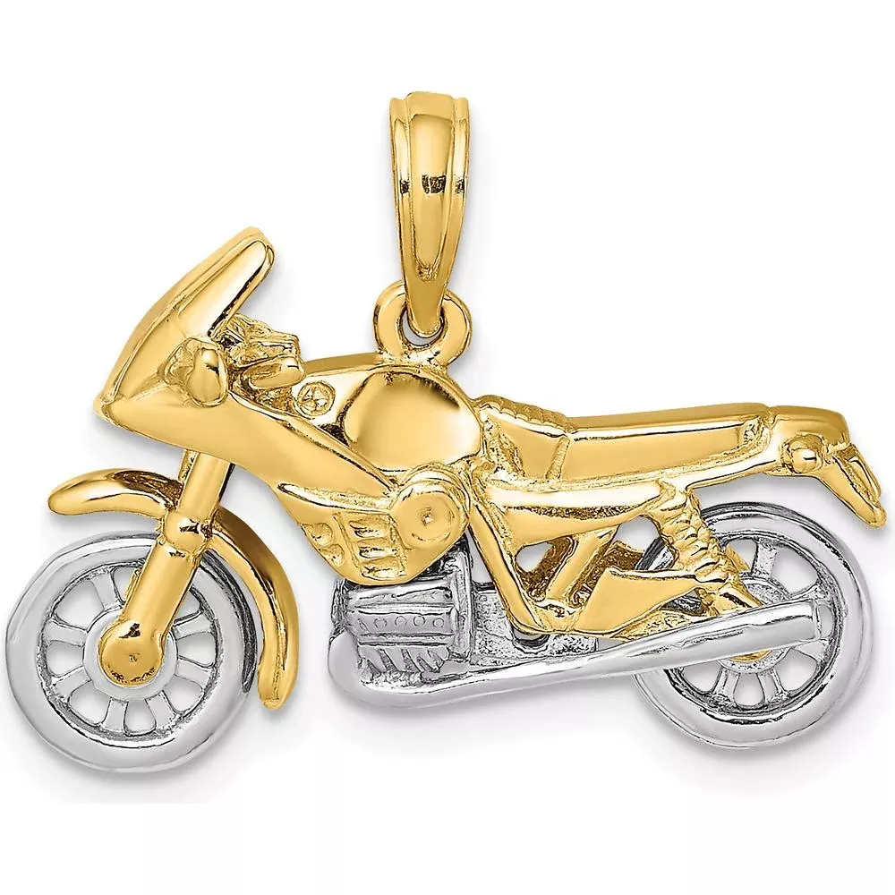 10K Two-Tone Gold 3D Moveable Motorcycle Charm - 15.5mm Length, 25.2mm Width by Oro Pregiato
