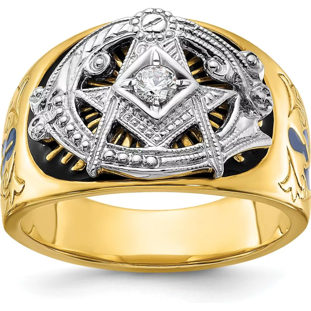 10K Two-Tone Gold Masonic Ring with Round Diamond - 0.115 Carat Total Diamond Weight by IBGoodman