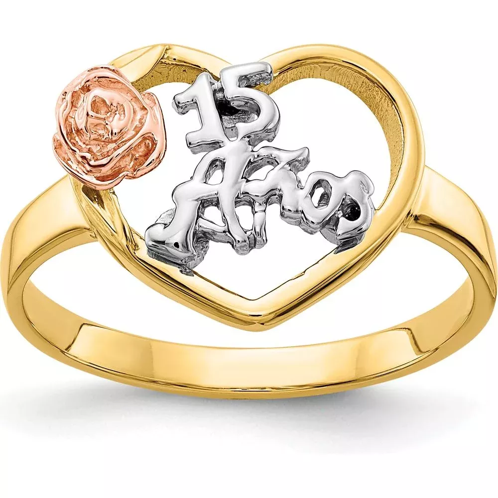 10K Two-Tone Gold & Rhodium Heart-Shaped 15 Años Ring with Rose Gold Accent by Oro Pregiato
