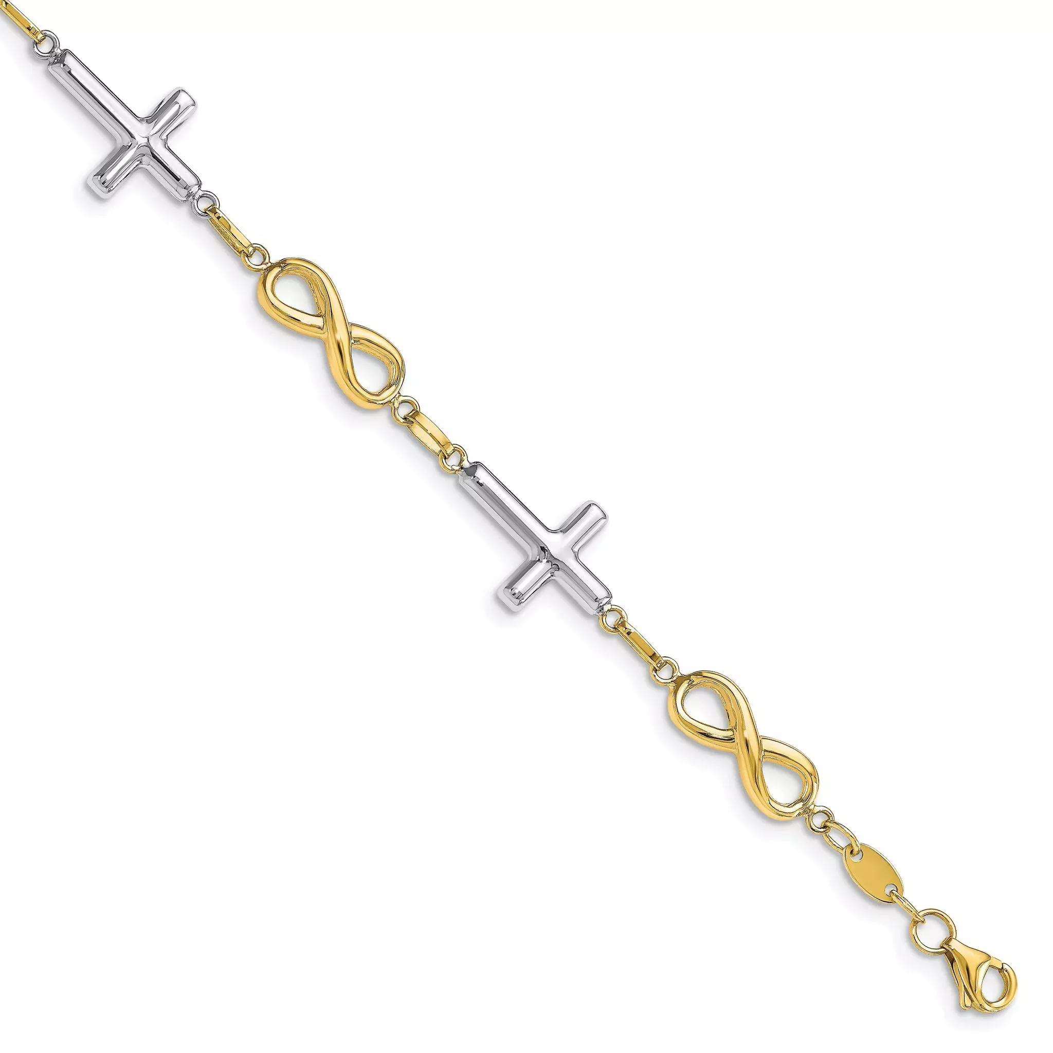 10K Two-tone Polished Cross and Infinity Bracelet