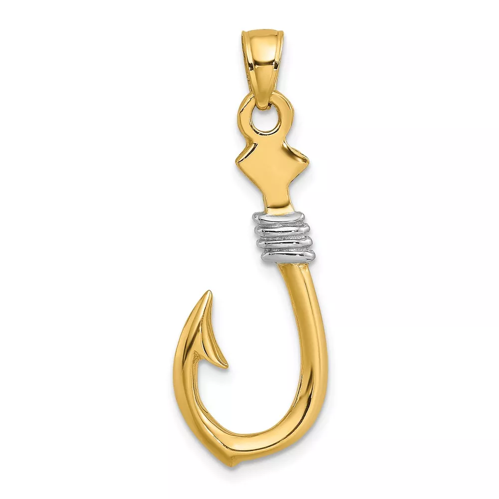 10K w/Rhodium 3-D Fish Hook With Rope Charm