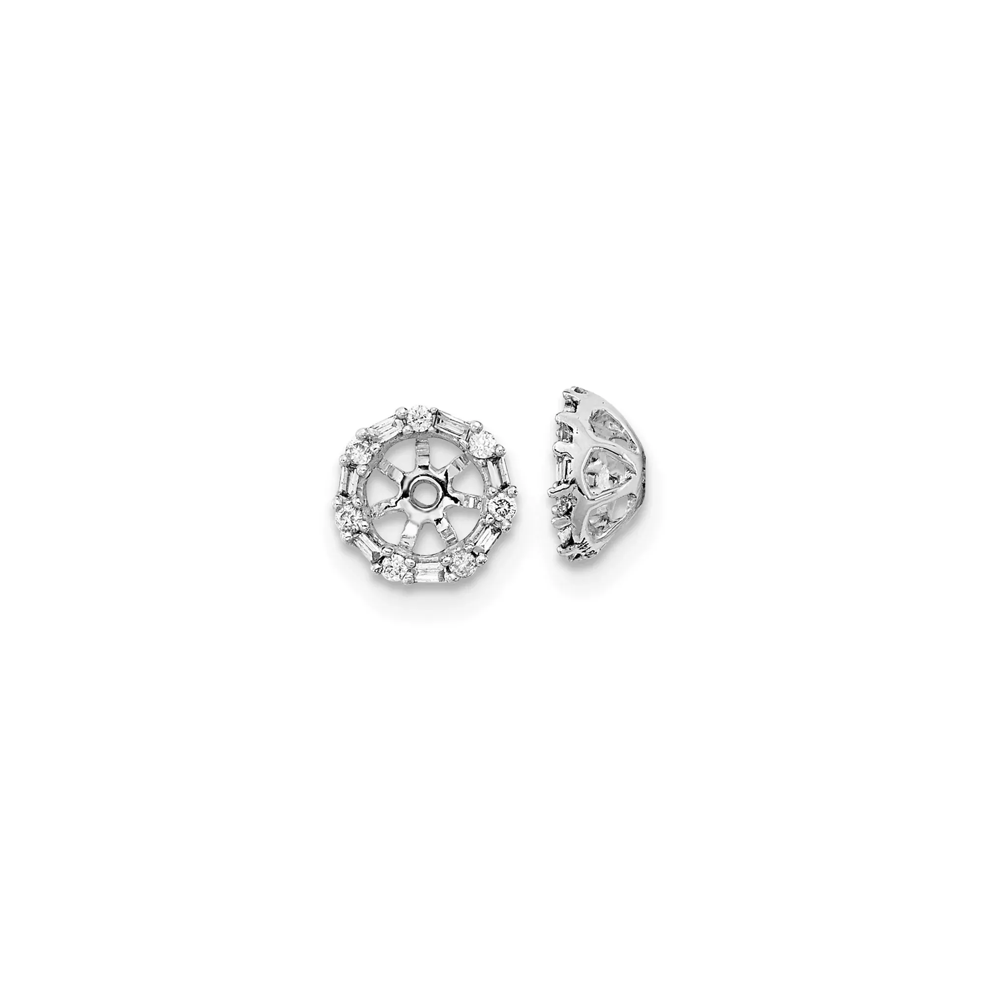 10k White Gold Earring Jackets with Round and Baguette Diamonds, Circular Halo Design