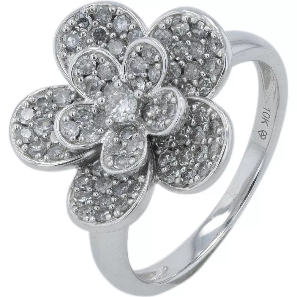 10K White Gold Floral Diamond Ring with Pavé Set 1.00 Carat Total Diamond Weight