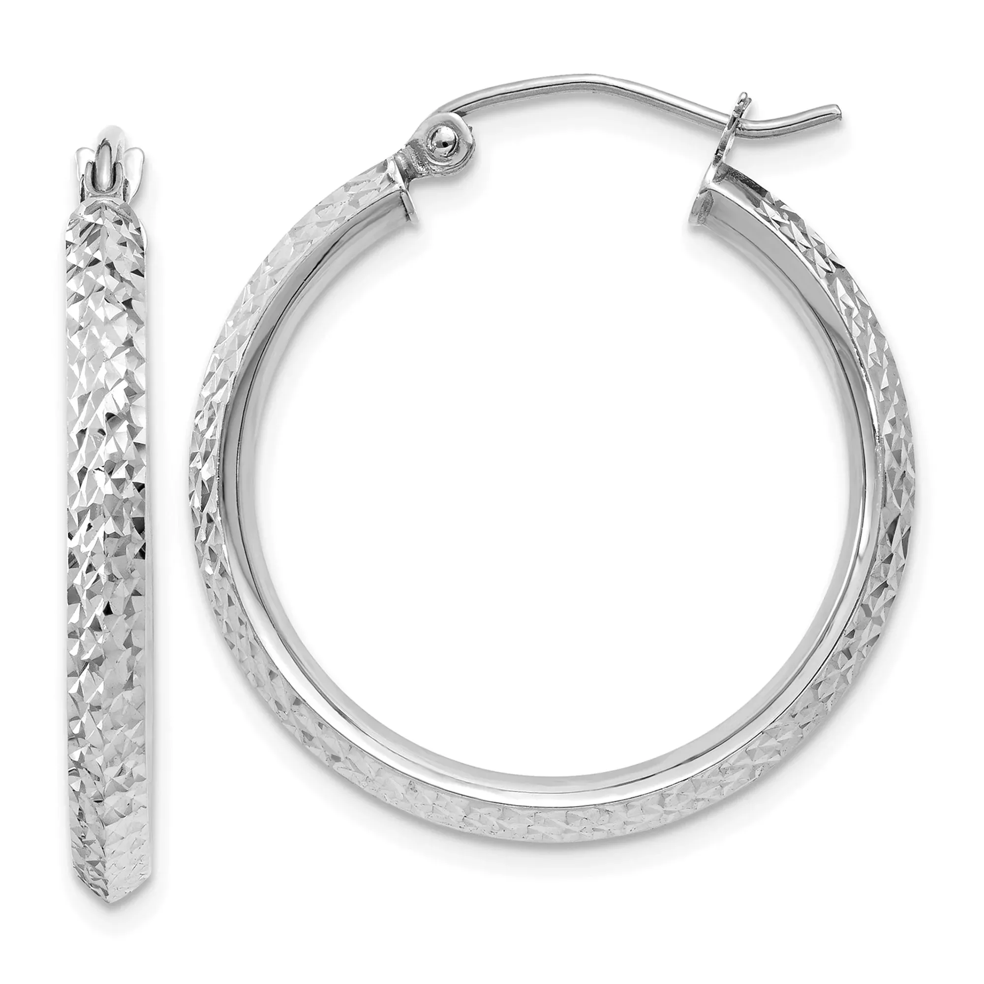 10k White Gold Hoop Earrings, Diamond Cut Textured with Polished Finish, Medium Size