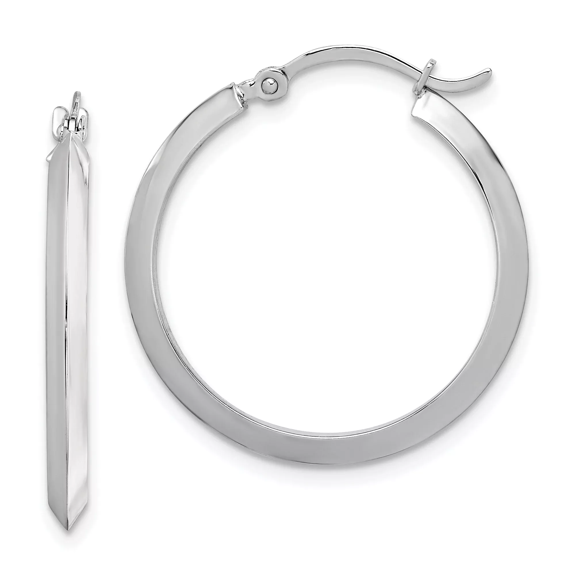 10k White Gold Hoop Earrings, Flat Edge Design, Polished Finish, Minimalist Style for Women