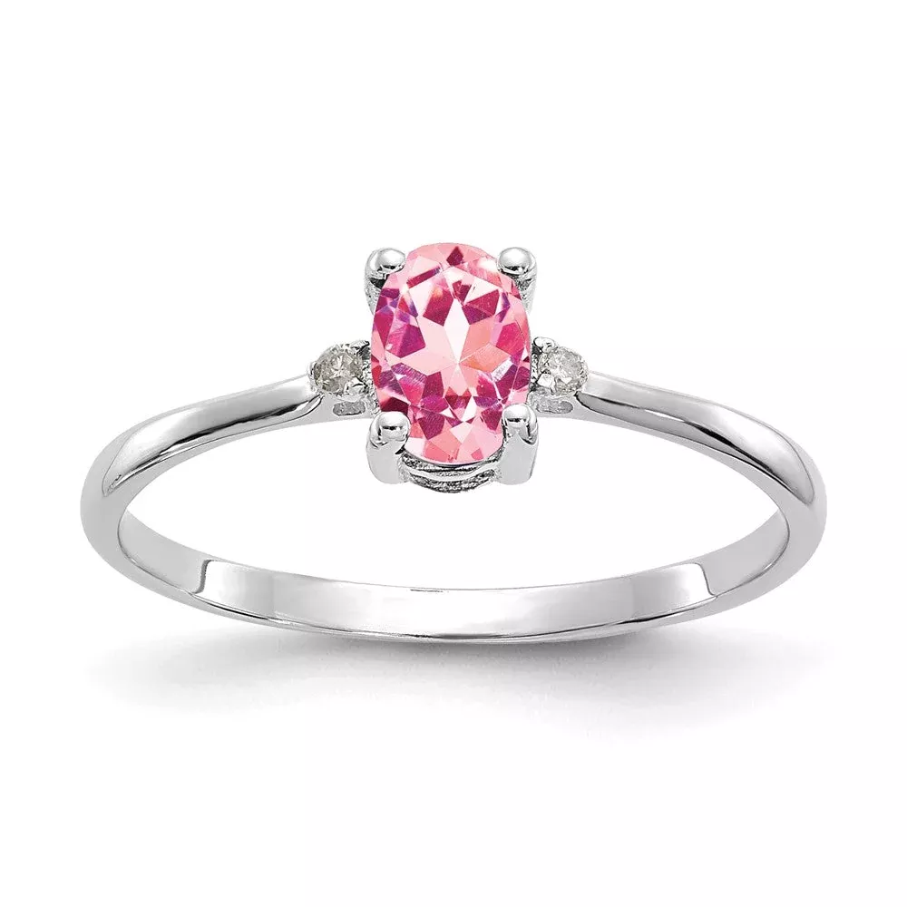 10K White Gold Polished Genuine Dia /Pink Tourmaline Birthstone Ring