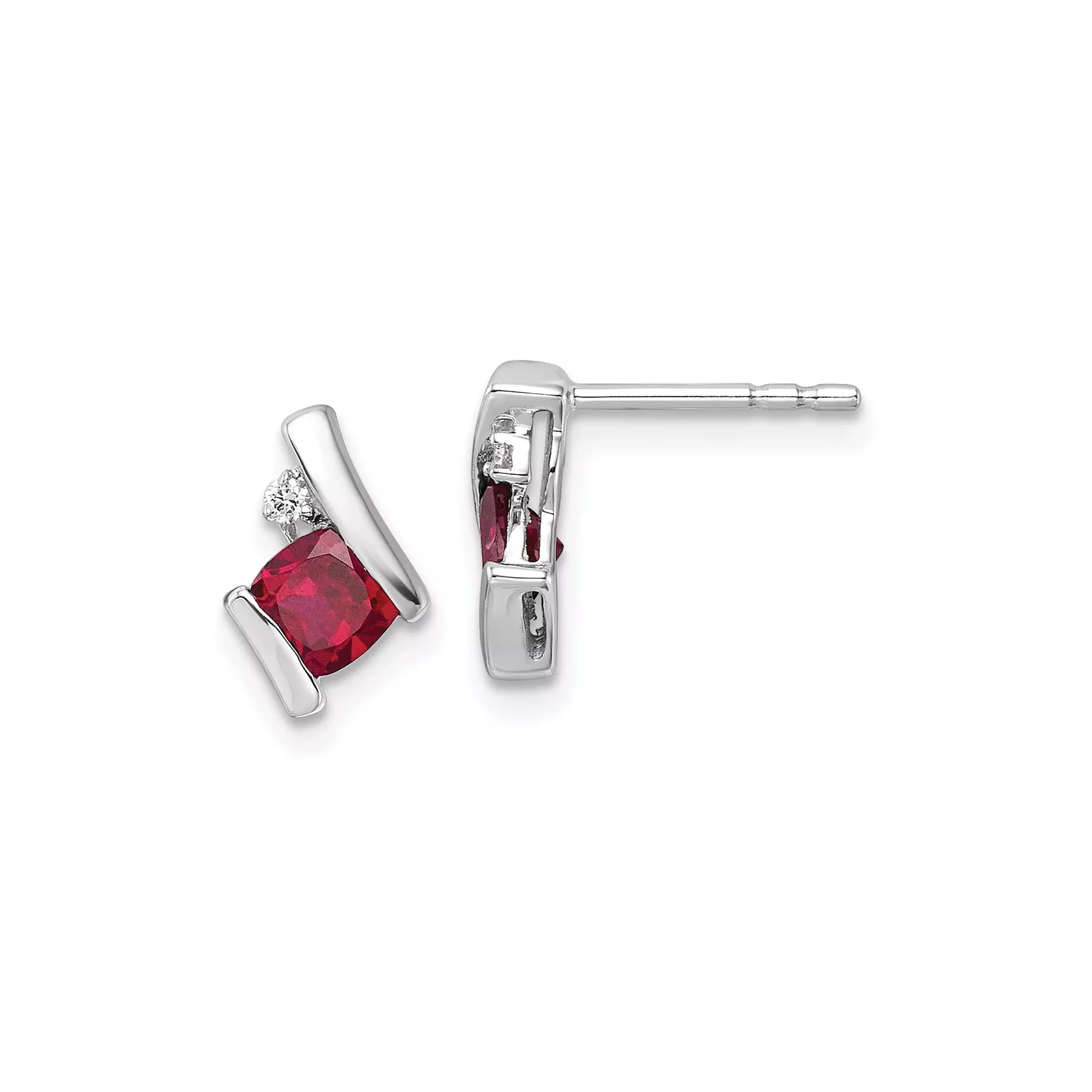 10k White Gold Stud Earrings with Cushion Cut Created Ruby and Diamond Accents