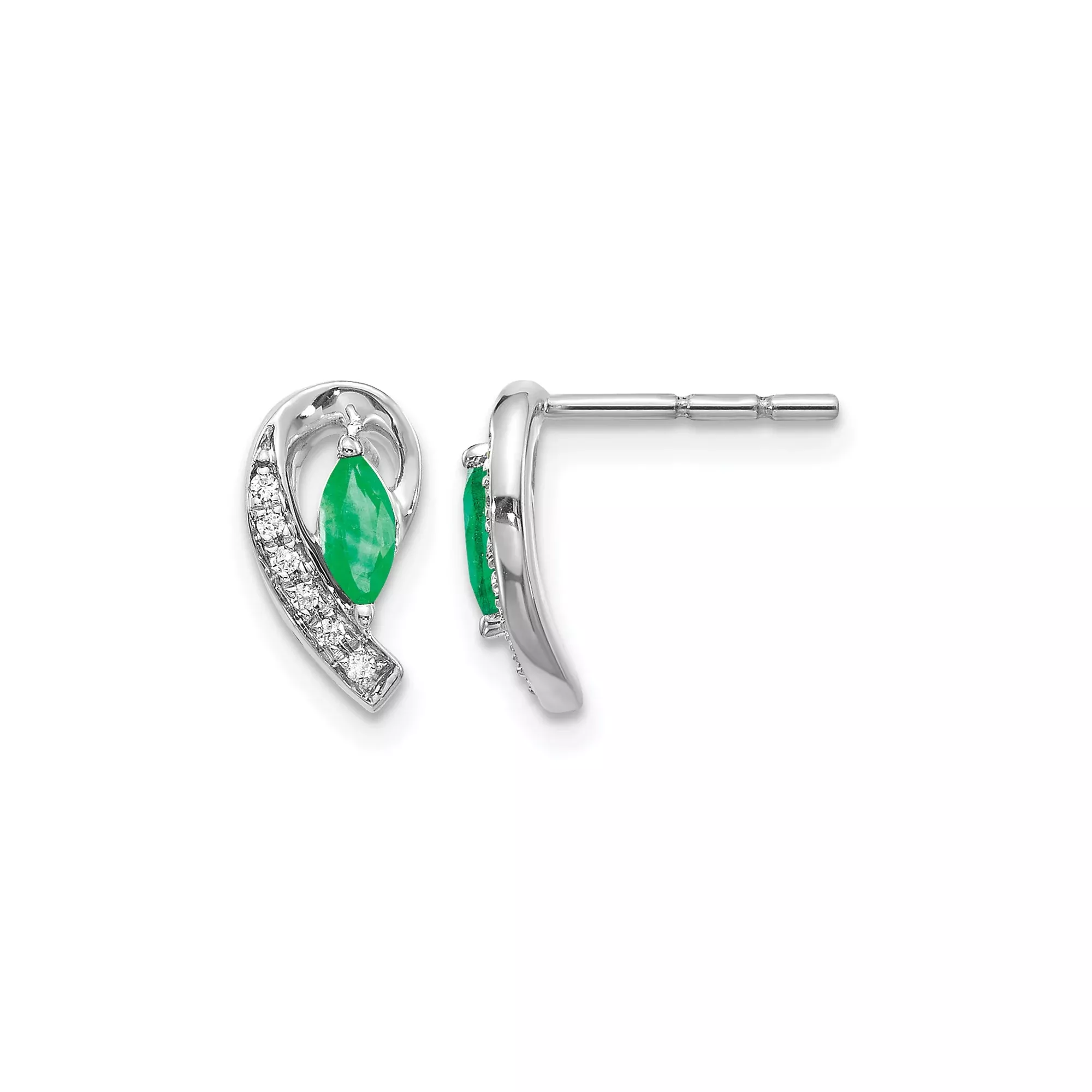 10k White Gold Stud Earrings with Marquise Cut Emerald and Diamond Accents, Ribbon Design
