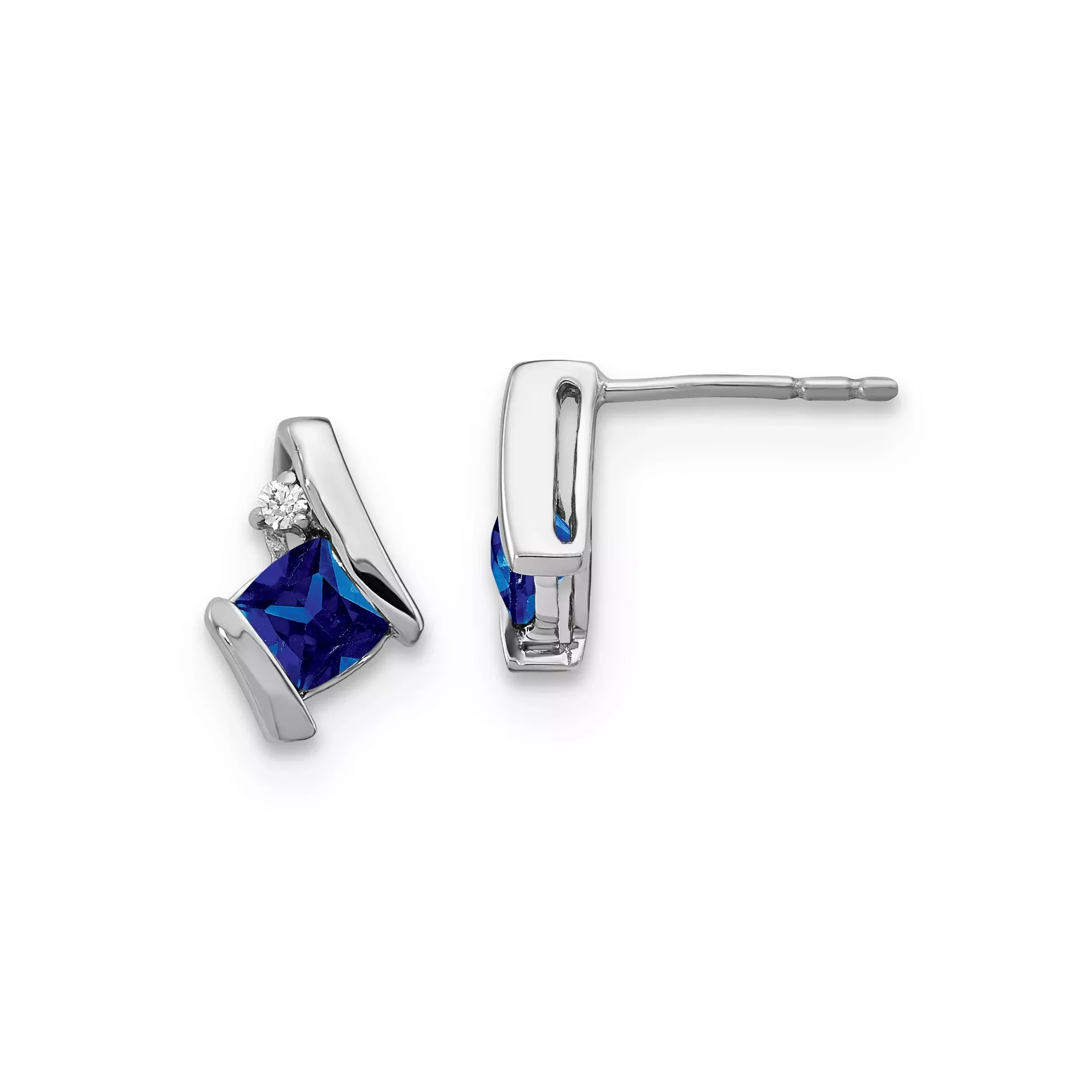 10k White Gold Stud Earrings with Square Cut Created Sapphire and Diamond Accent