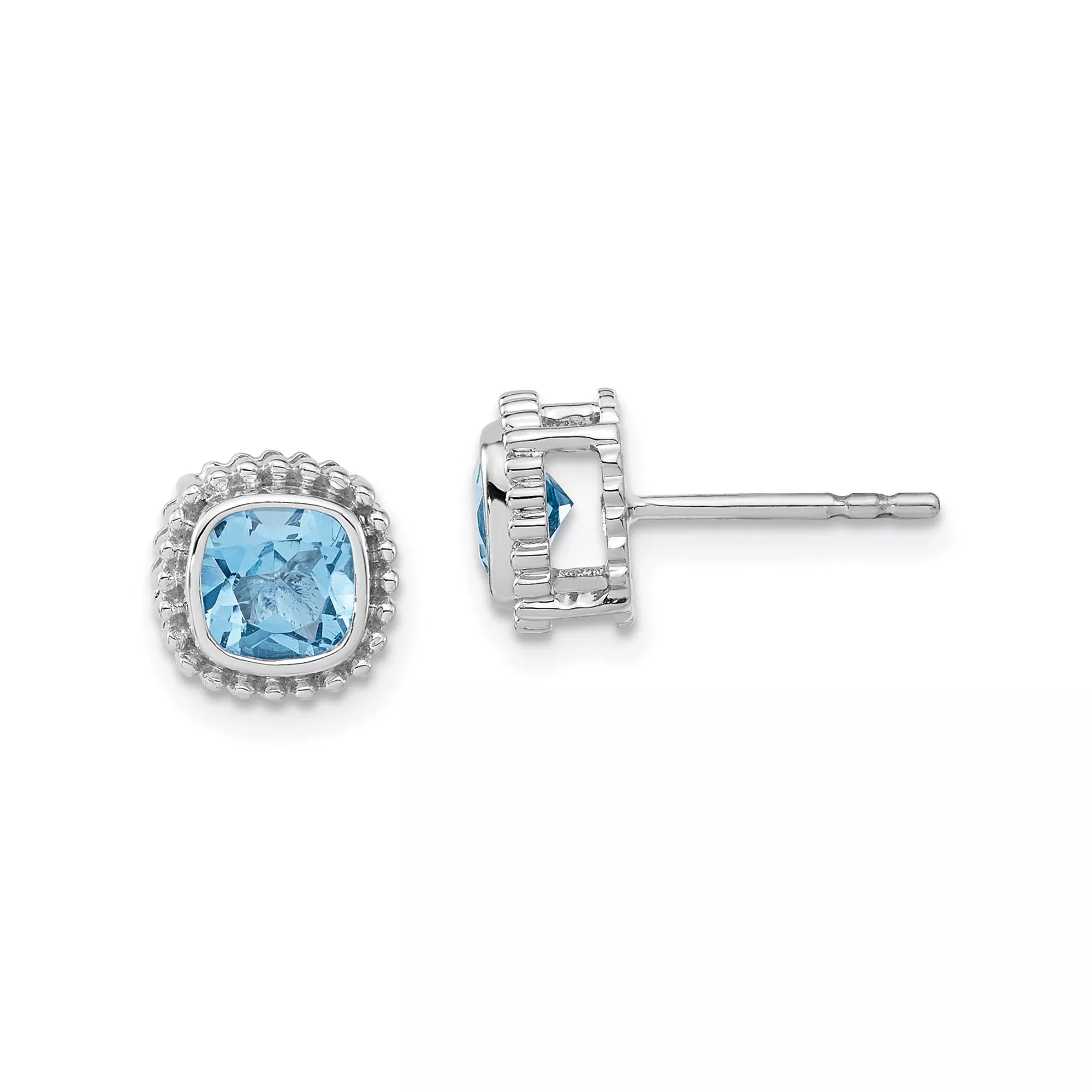 10k White Gold Stud Earrings with Swiss Blue Topaz, Cushion Cut, Decorative Border