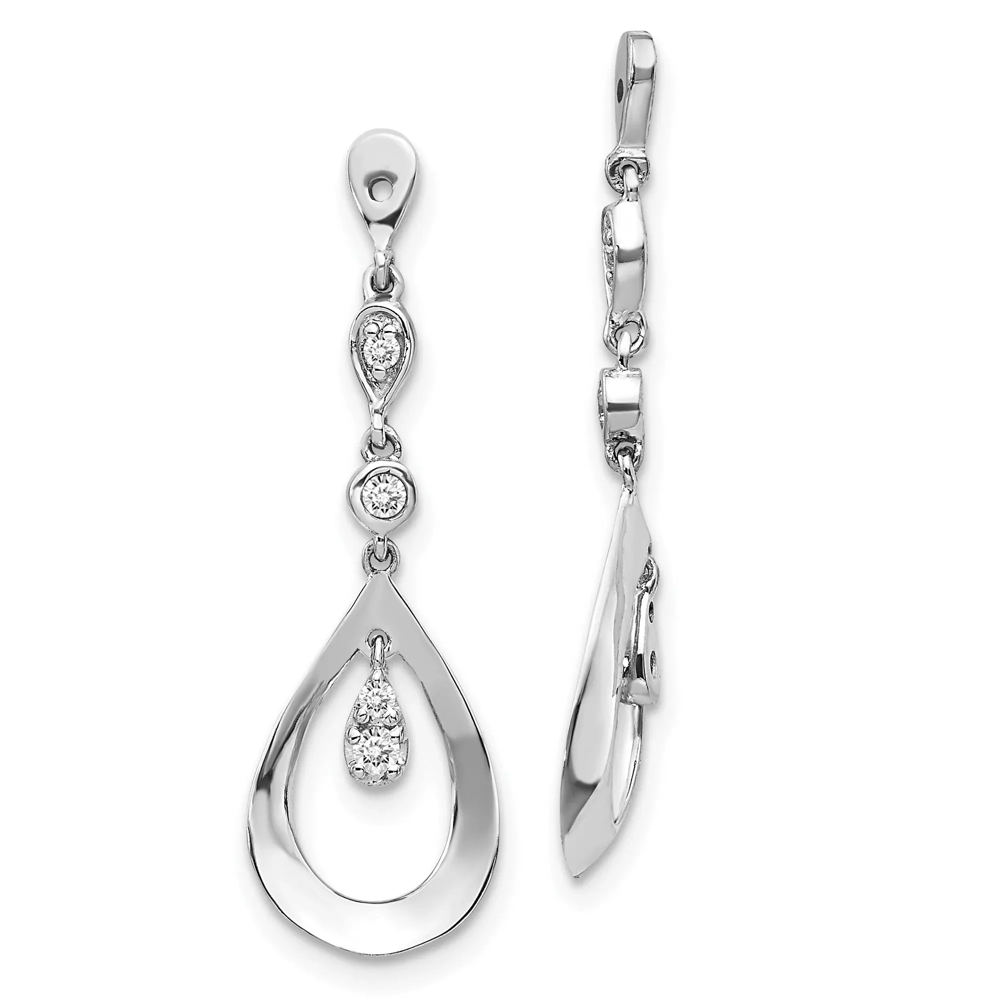 10k White Gold Teardrop Dangle Earrings with Bezel and Pavé Diamonds, Formal Drop Design