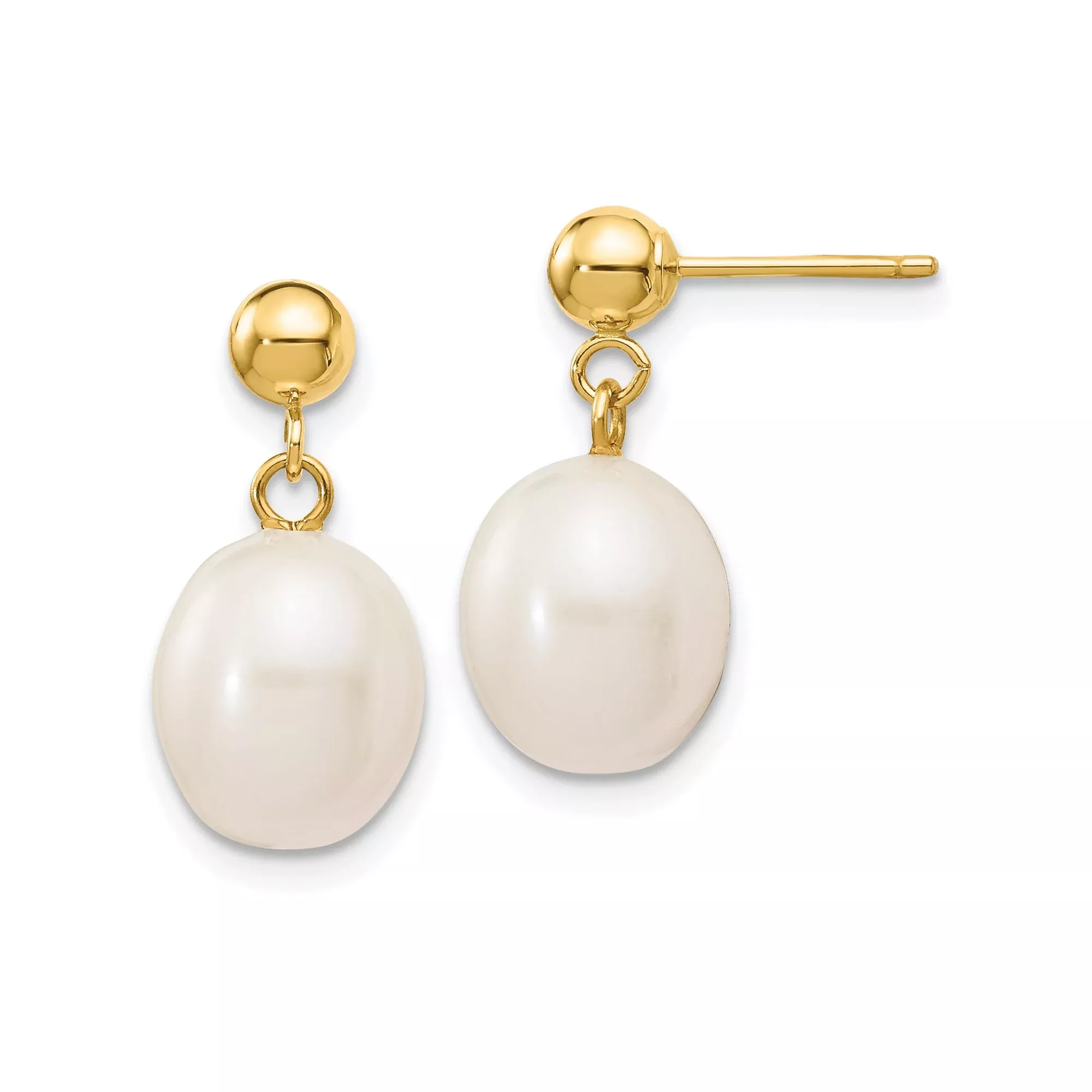 10k Yellow Gold Drop Earrings with White Freshwater Pearls, Dangle Post Design