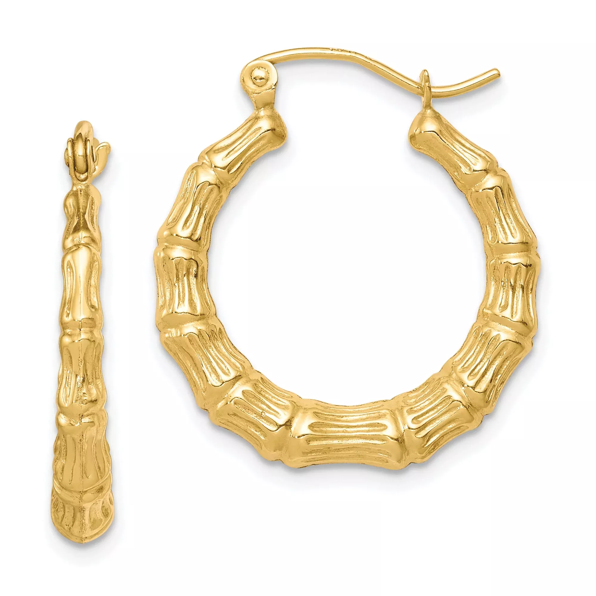 10k Yellow Gold Hoop Earrings, Bamboo Style with Polished Organic Texture, Lightweight Hollow Design