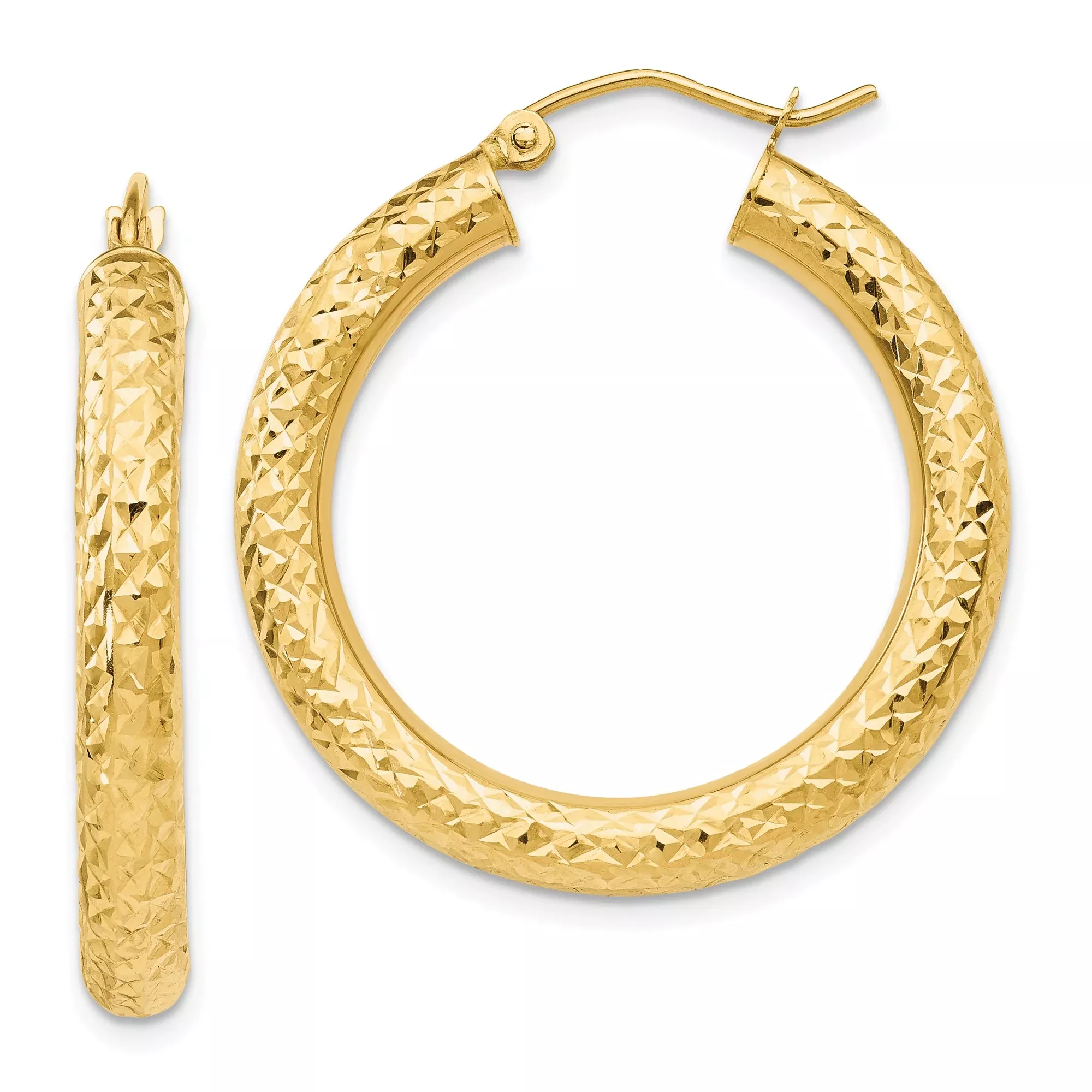 10k Yellow Gold Hoop Earrings, Textured Diamond-Cut Finish, Hinged Closure, Classic Bold Style