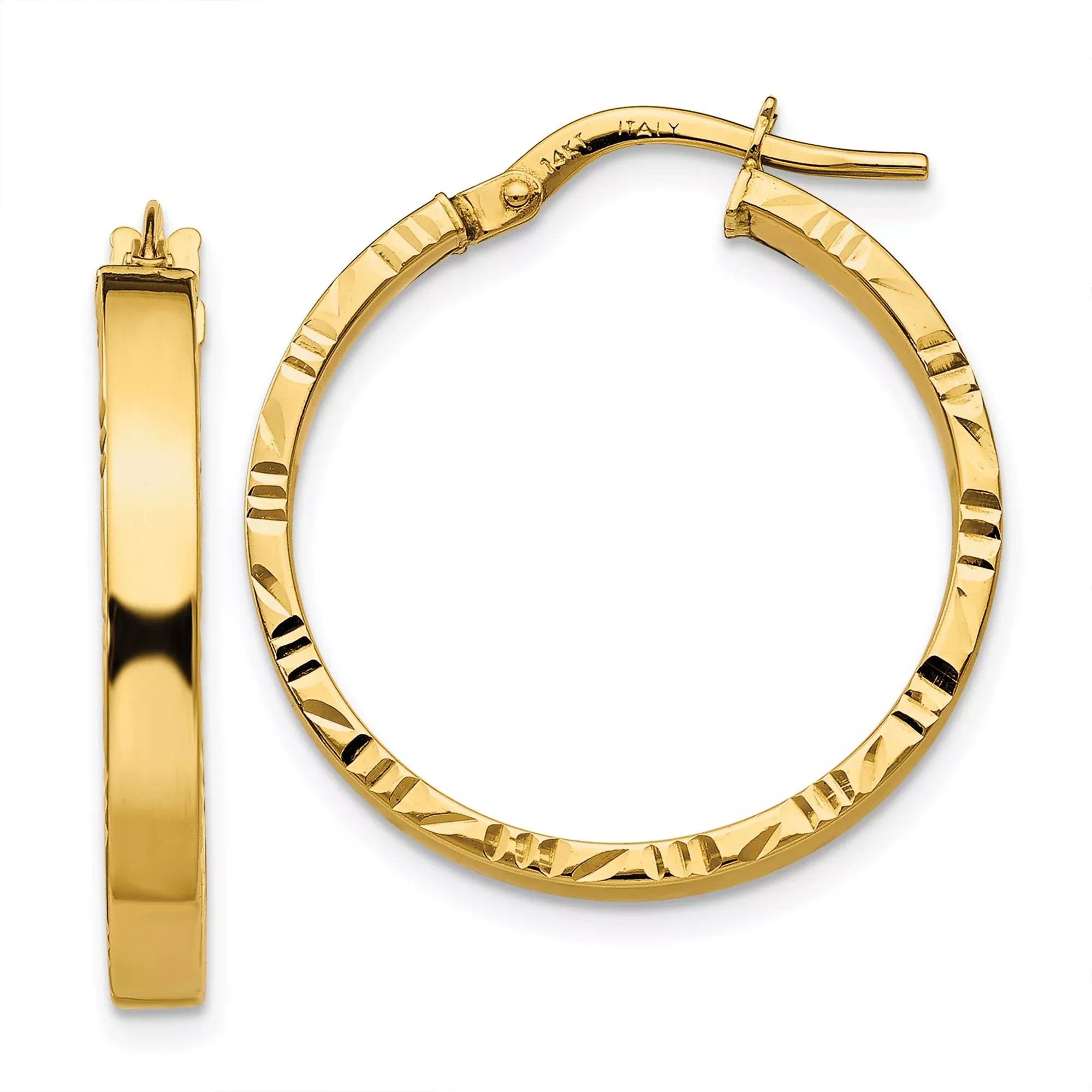 10k Yellow Gold Hoop Earrings, Textured Diamond-Cut Lightweight Polished Medium Hoops for Women