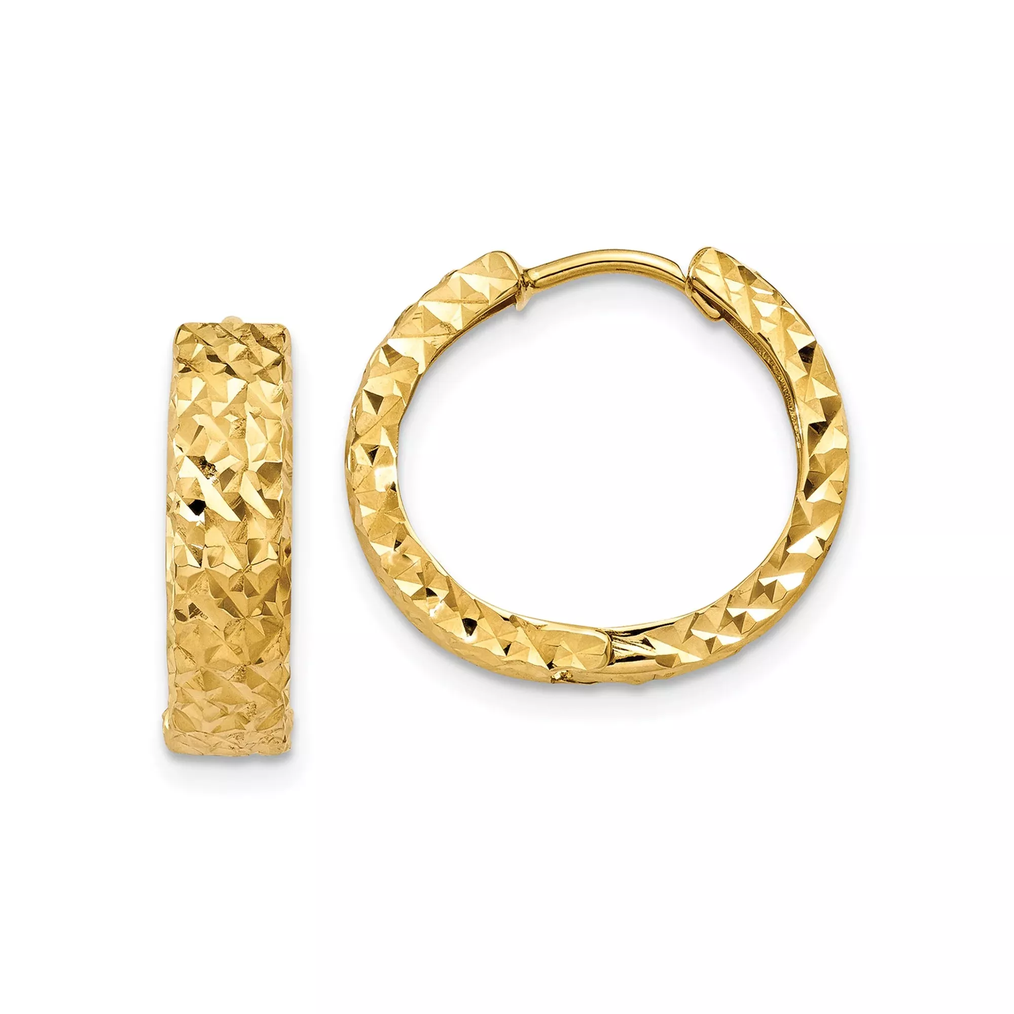 10k Yellow Gold Hoop Earrings with Textured Diamond-Cut Finish, Latch Back Closure, Classic Round Design