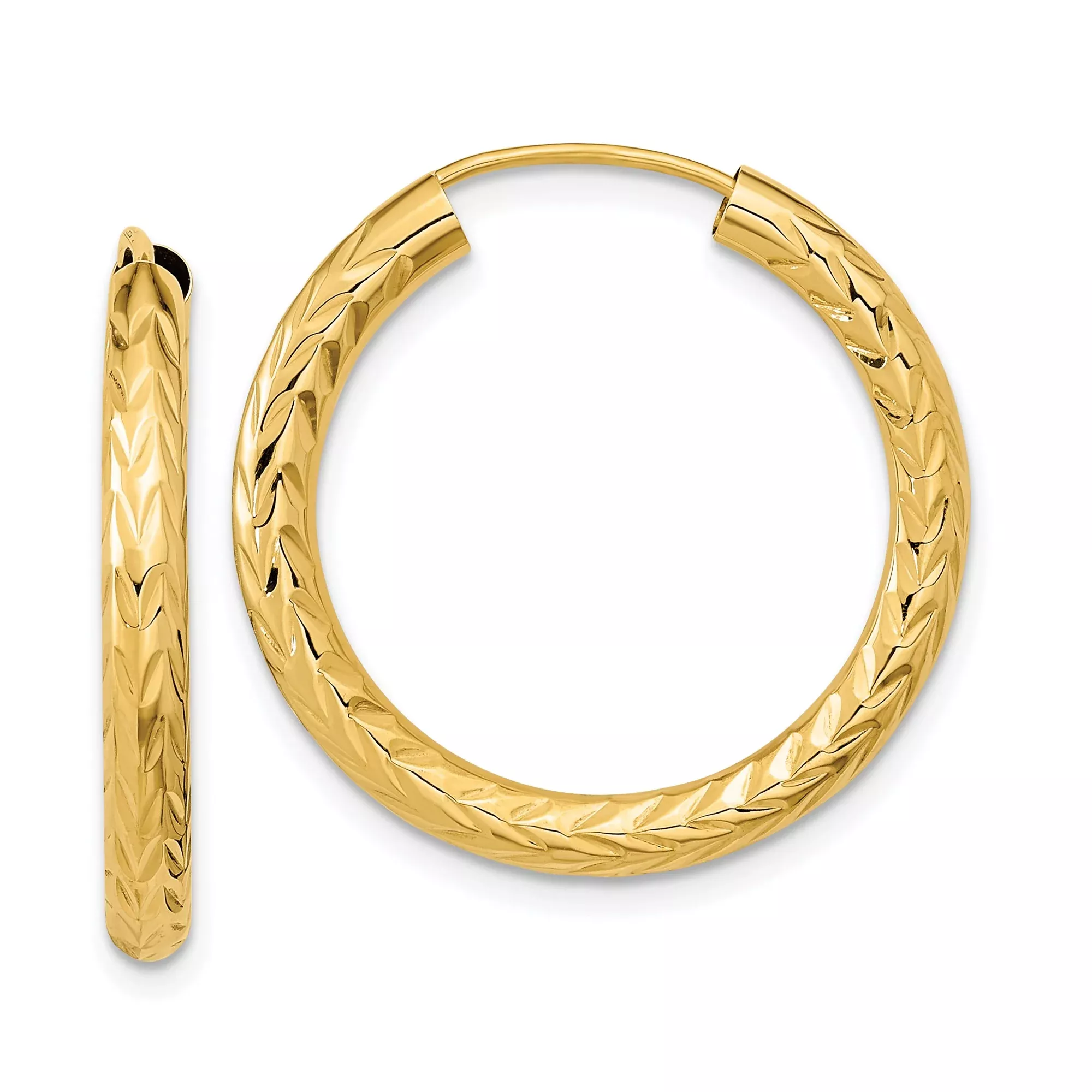 10k Yellow Gold Hoop Earrings with Textured Diamond Cut Leaf Pattern, Endless Lightweight Design
