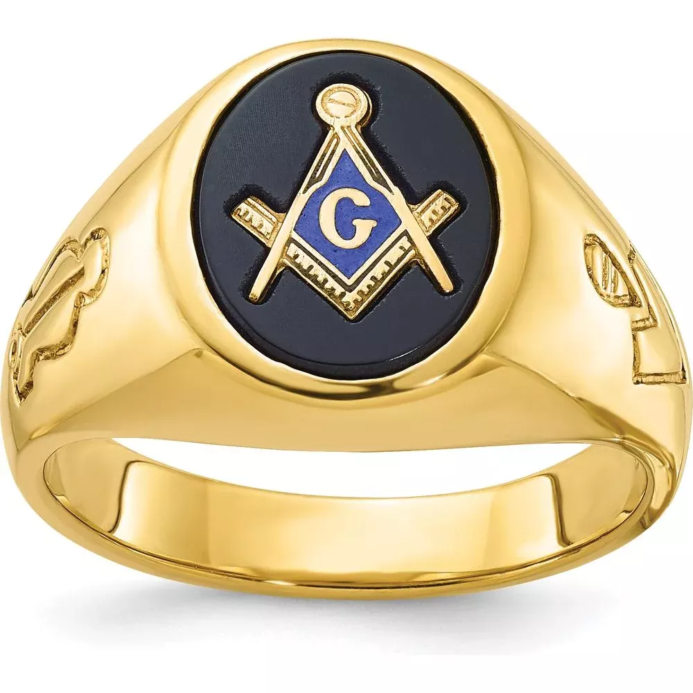10K Yellow Gold Men's Masonic Ring with Oval Onyx Stone - 12x10 mm by IBGoodman