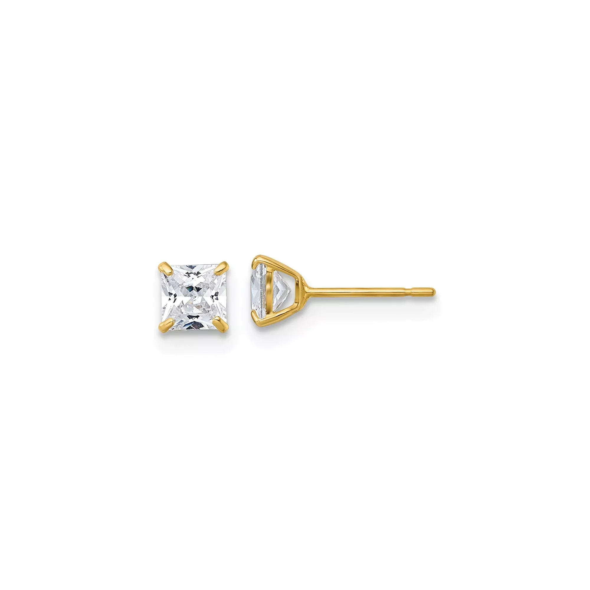 10k Yellow Gold Stud Earrings with Princess Cut Cubic Zirconia, Square Minimalist Design