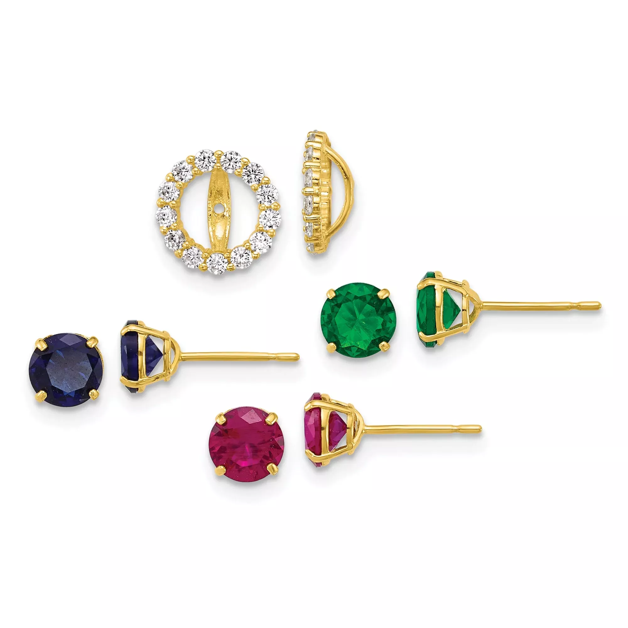 10k Yellow Gold Stud Earrings with Sapphire, Emerald, Ruby, and Cubic Zirconia Accent
