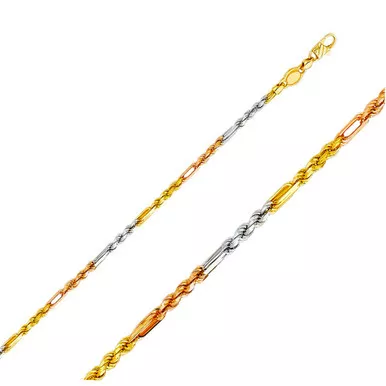 14k Gold 3mm Tri-color Milano Rope Chain 18 Inches
