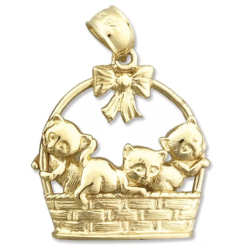 14K Gold Kittens In Basket Pendant