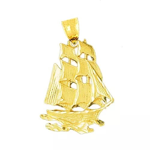 14K Gold Sailing Ship At Sea Pendant