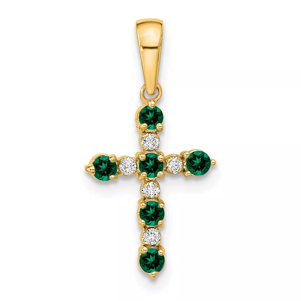 14k Lab Created Emerald and Diamond Cross Pendant