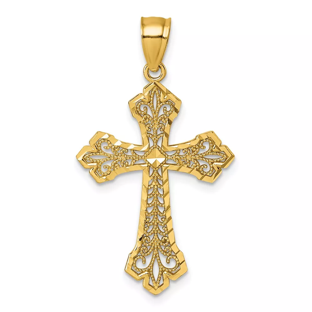 14k Polished Diamond-cut Fleur de Lis Filigree Textured Fancy Cross Pendant