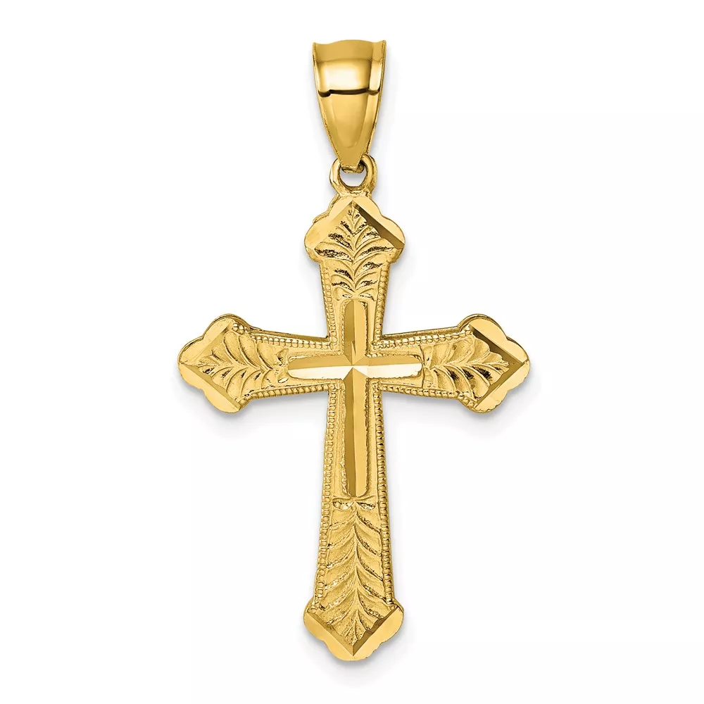 14k Polished Diamond-cut Textured Fancy Budded Cross Pendant
