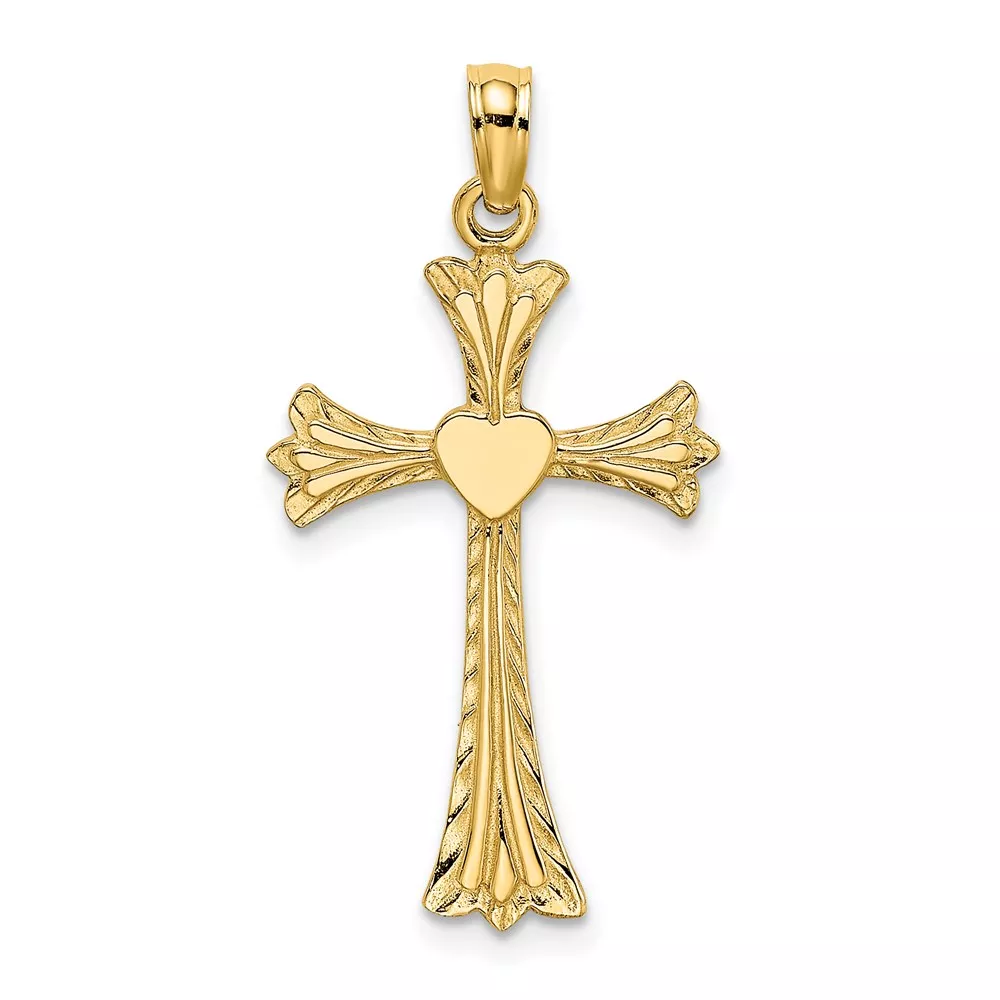 14K Polished and Engraved Cross with Heart Charm