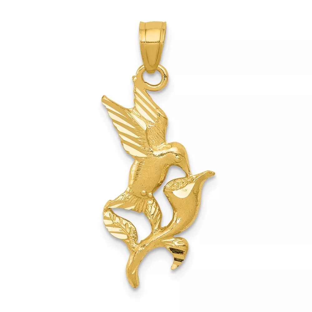 14k Polished Hummingbird with Flower Pendant