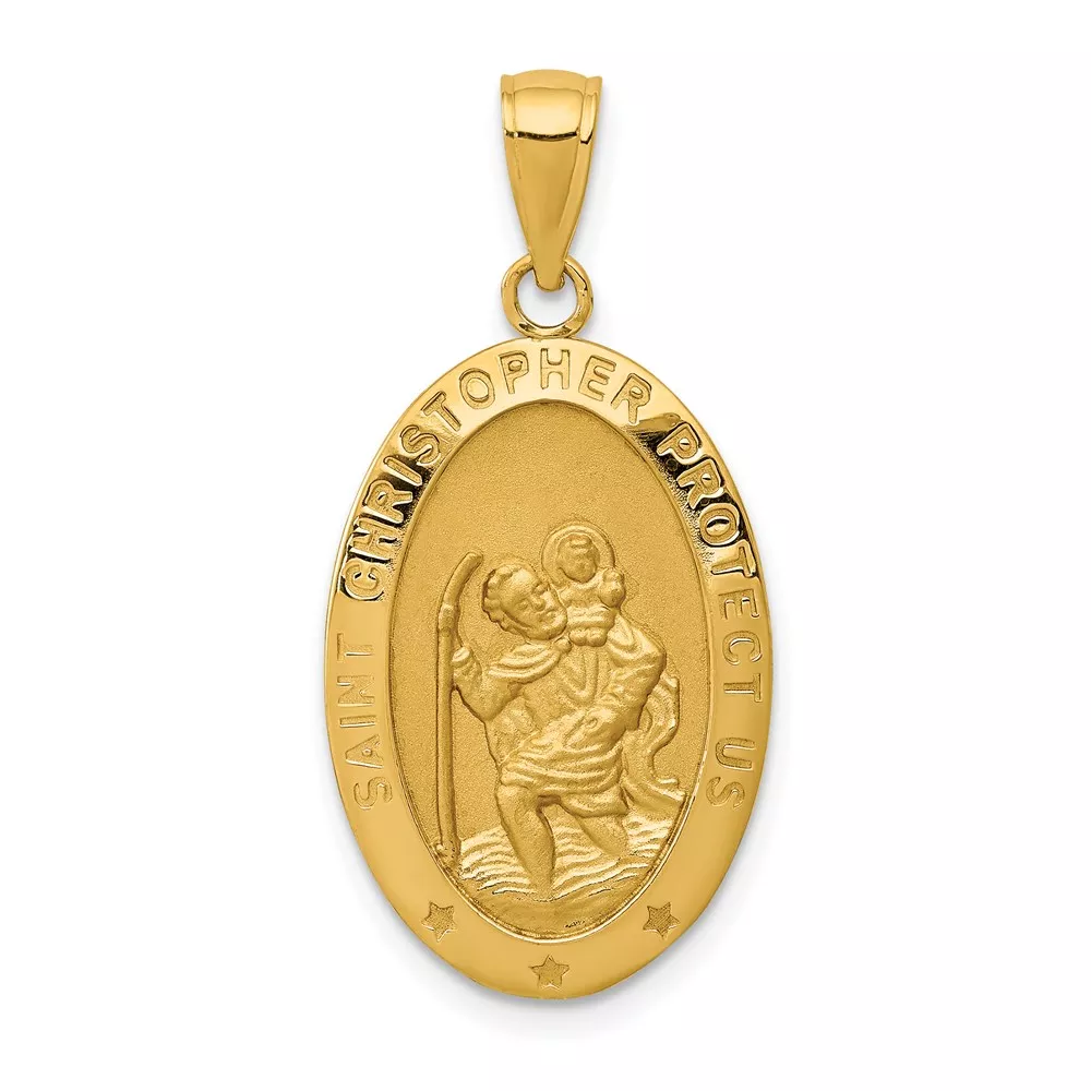 14k Polished and Satin Solid Saint Christopher Medal Oval Pendant