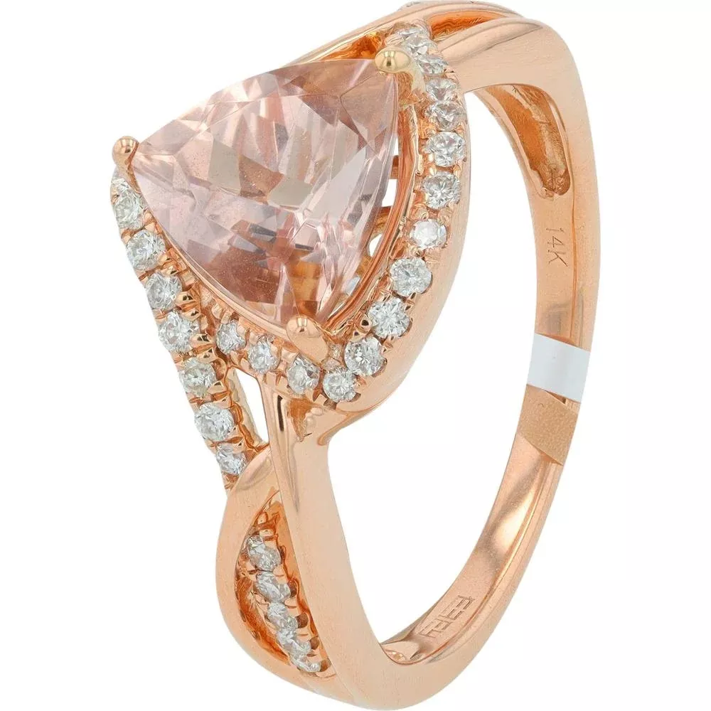 14K Rose Gold Ring with 1.20 Carat Triangular Morganite and 0.25 Carat Diamond Halo