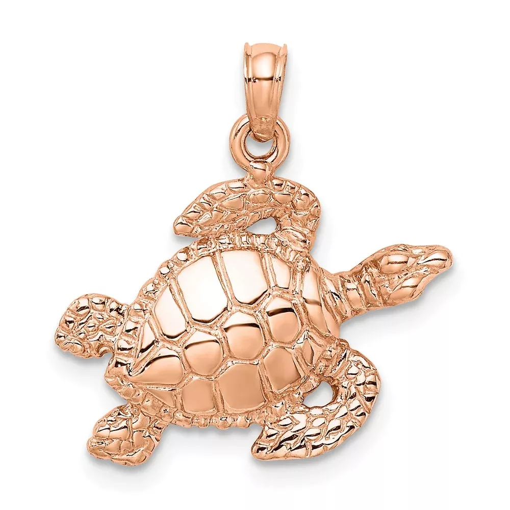 14k Rose Gold Textured Sea Turtle Charm
