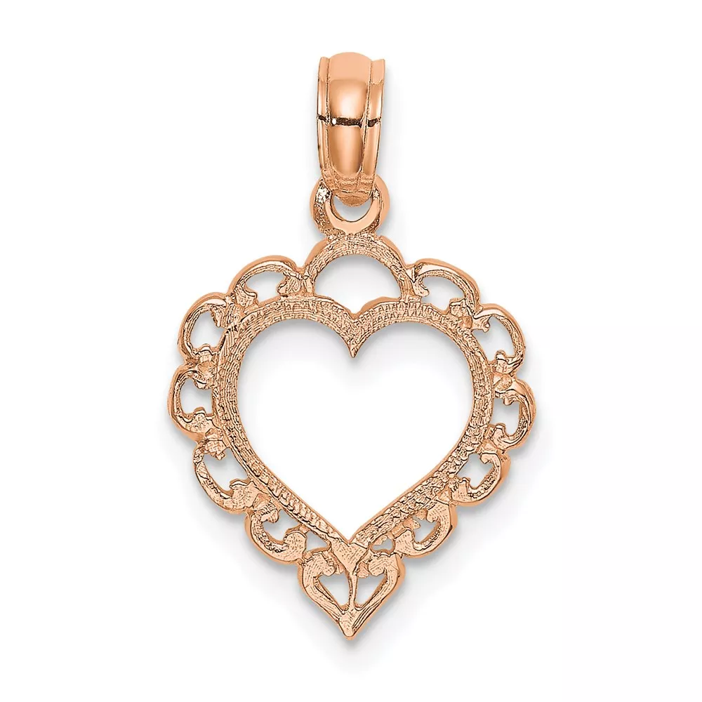 14K Rose Polished Lace Border Heart Pendant