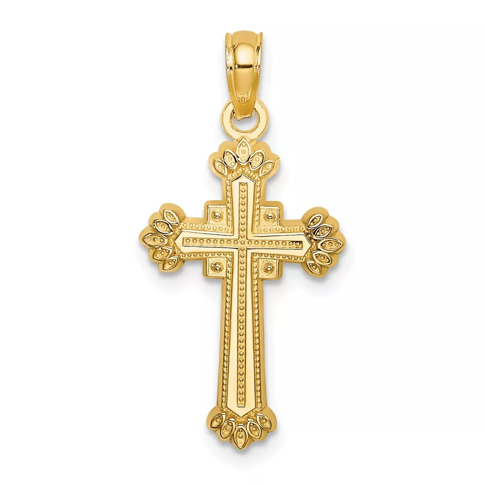 14K Textured Leaves On Edges Cross Charm
