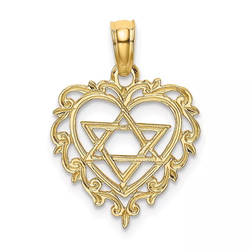 14K Textured Star Of David In Scalloped Heart Charm